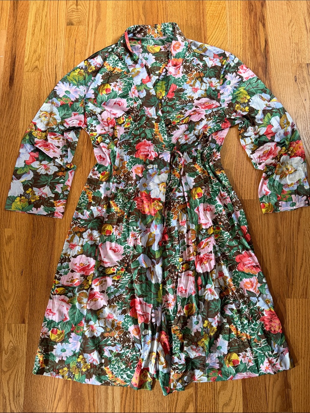 Vintage Vanity Fair Floral Green Pink Brown Robe S Made in USA